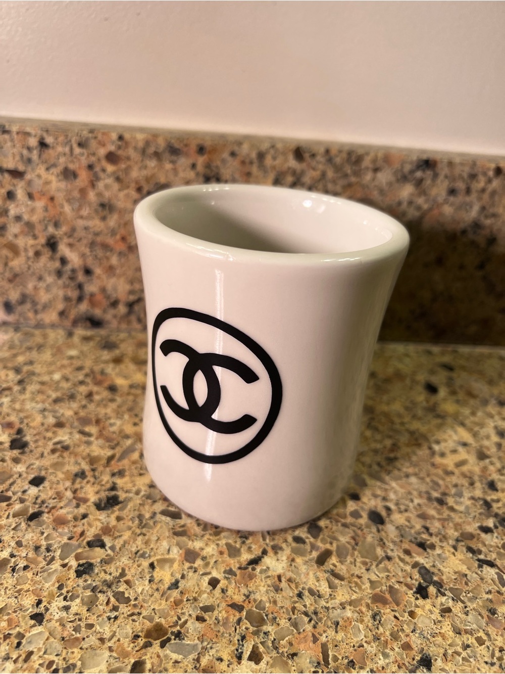 White Ceramic Logo Coffee Hot Chocolate Mug with Black Emblem